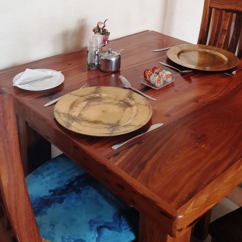 2018 breakfast table closeup Sleeper wood breakfast table